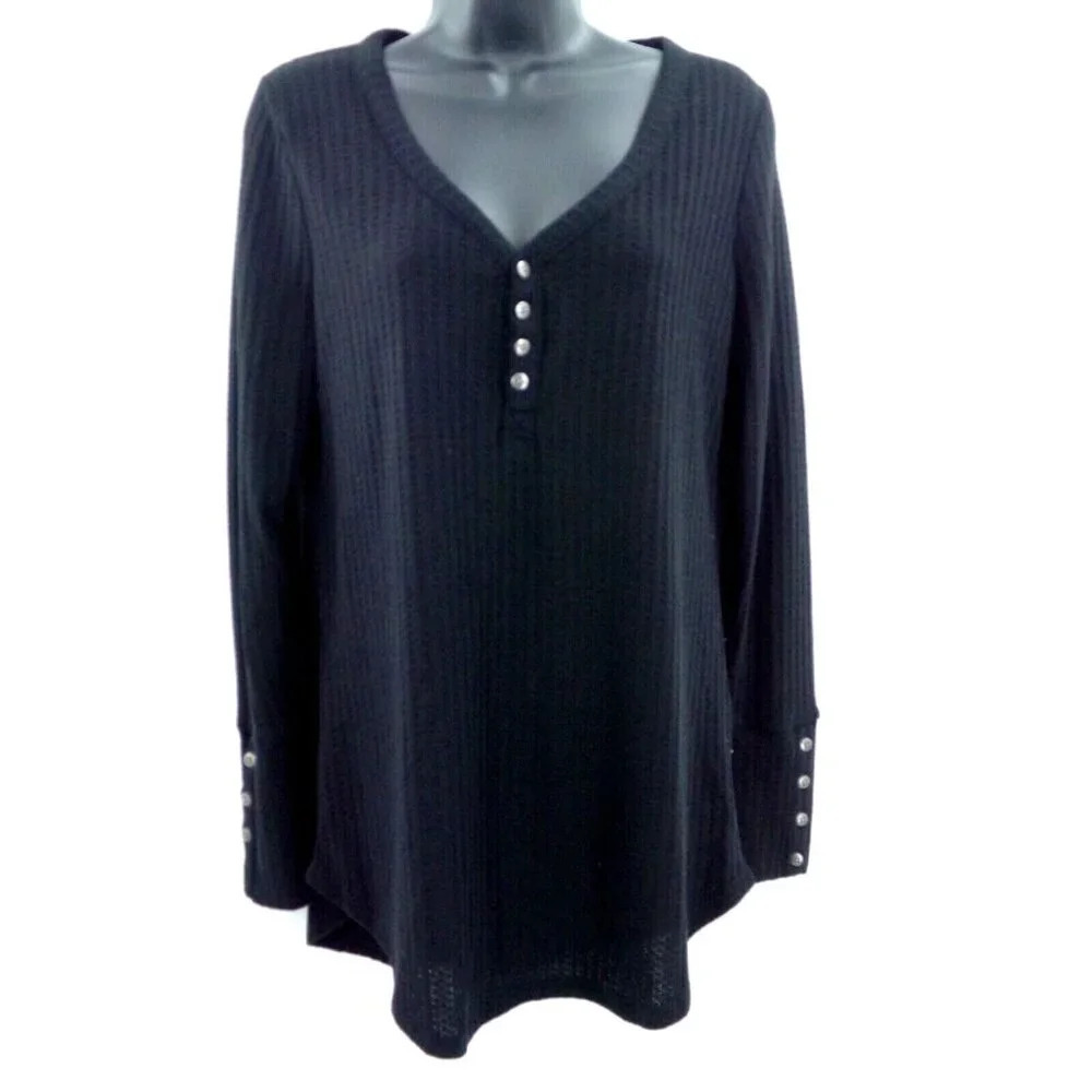 Chaser Henley Shirt Women Medium M Waffle Knit V Neck Black Button Accent Top